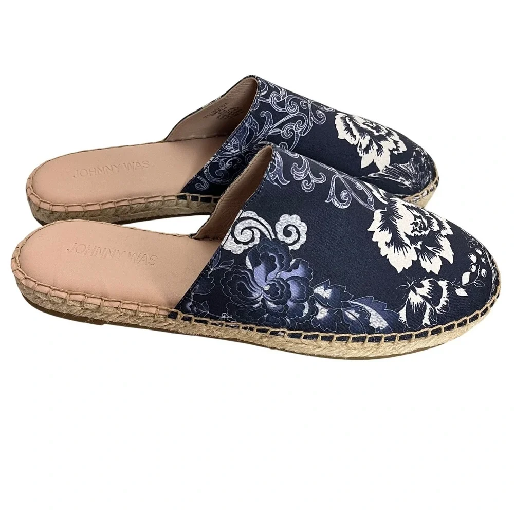 Johnny Was Olivia Mule Espadrille Women 9.5 Navy Blue Floral Scroll Print